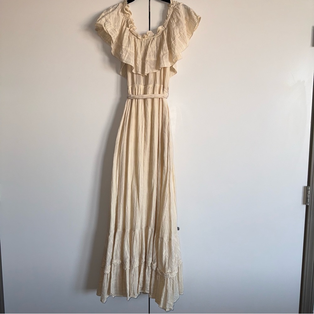 Lulu's Elegant Cream Off Shoulder with Pockets Maxi Dress with Ruffle Detail